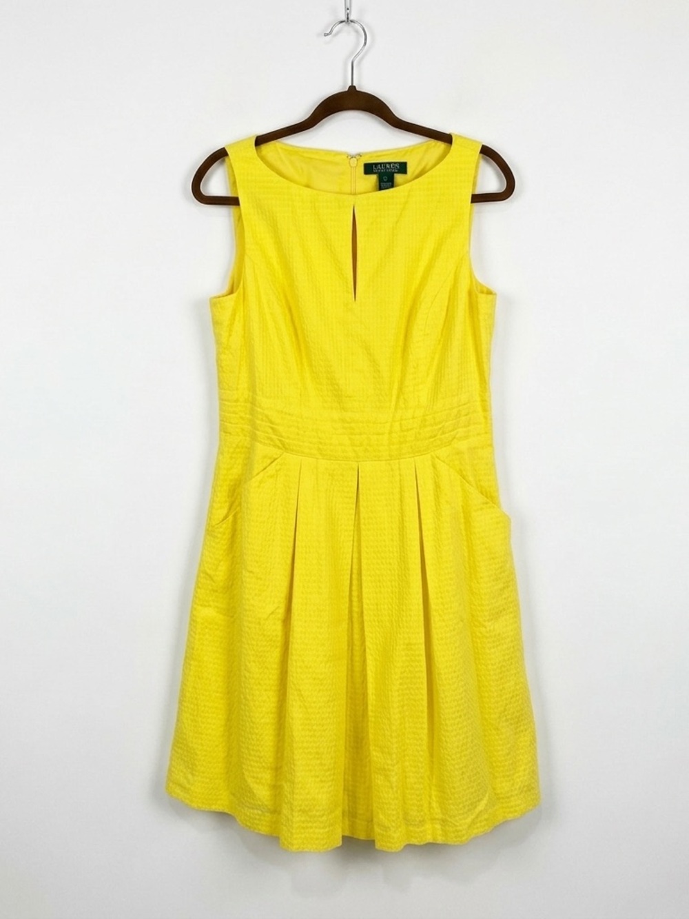 Lauren Ralph Lauren Yellow Pique Textured Cotton Keyhole Dress Pockets 10